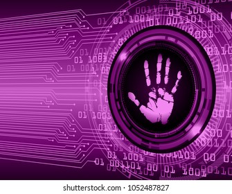 Safety concept, Closed Padlock on digital, cyber security, purple abstract hi speed internet technology background illustration. key, sci fi, fingerprint. scanning. Hand print.