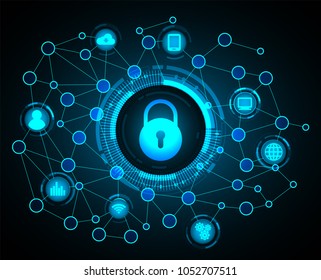 Safety concept, Closed Padlock on digital background, cyber security, Blue abstract hi speed internet technology background illustration. key vector