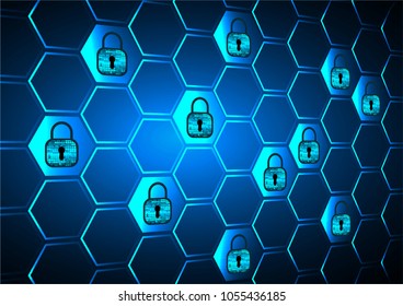 Safety concept, Closed Padlock on digital background, cyber security, Blue abstract hi speed internet technology background illustration. key vector