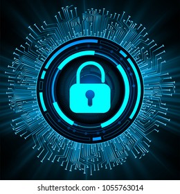 Safety concept, Closed Padlock on digital background, cyber security, Blue abstract hi speed internet technology background illustration. key vector