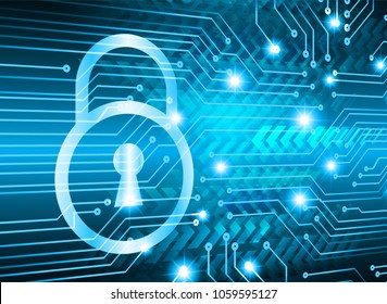 Safety concept, Closed Padlock on digital background, cyber security, Blue abstract hi speed internet technology background illustration. key vector