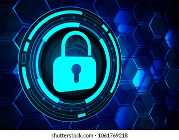 Safety concept, Closed Padlock on digital background, cyber security, Blue abstract hi speed internet technology background illustration. key vector