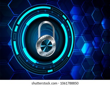 Safety concept, Closed Padlock on digital background, cyber security, Blue abstract hi speed internet technology background illustration. key vector