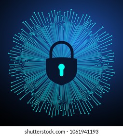 Safety concept, Closed Padlock on digital background, cyber security, Blue abstract hi speed internet technology background illustration. key vector