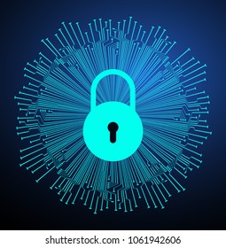 Safety concept, Closed Padlock on digital background, cyber security, Blue abstract hi speed internet technology background illustration. key vector