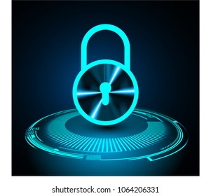 Safety concept, Closed Padlock on digital background, cyber security, Blue abstract hi speed internet technology background illustration. key vector
