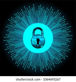 Safety concept, Closed Padlock on digital background, cyber security, Blue abstract hi speed internet technology background illustration. key vector