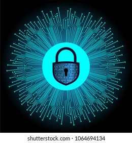 Safety concept, Closed Padlock on digital background, cyber security, Blue abstract hi speed internet technology background illustration. key vector