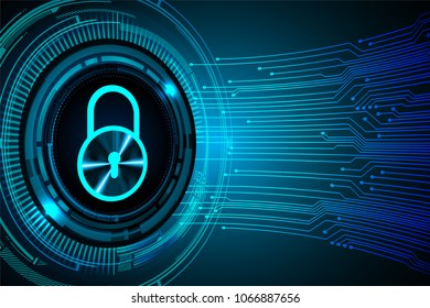 Safety concept, Closed Padlock on digital background, cyber security, Blue abstract hi speed internet technology background illustration. key vector