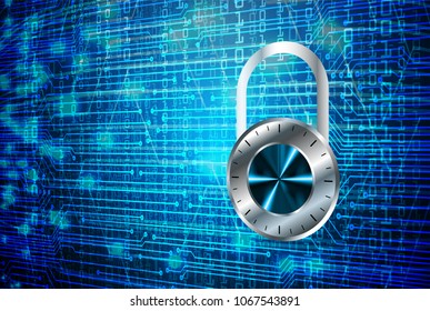 Safety concept, Closed Padlock on digital background, cyber security, Blue abstract hi speed internet technology background illustration. key vector