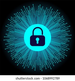 Safety concept, Closed Padlock on digital background, cyber security, Blue abstract hi speed internet technology background illustration. key vector