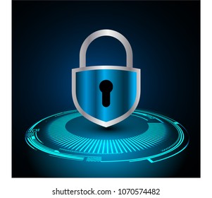 Safety concept, Closed Padlock on digital background, cyber security, Blue abstract hi speed internet technology background illustration. key vector