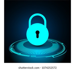 Safety concept, Closed Padlock on digital background, cyber security, Blue abstract hi speed internet technology background illustration. key vector