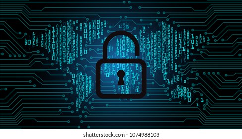 Safety concept, Closed Padlock on digital background, cyber security, Blue abstract hi speed internet technology background illustration. key vector, world map