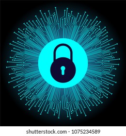 Safety concept, Closed Padlock on digital background, cyber security, Blue abstract hi speed internet technology background illustration. key vector