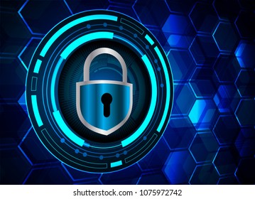 Safety concept, Closed Padlock on digital background, cyber security, Blue abstract hi speed internet technology background illustration. key vector