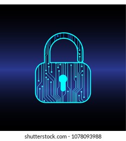 Safety concept, Closed Padlock on digital background, cyber security, Blue abstract hi speed internet technology background illustration. key vector