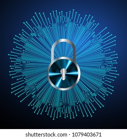 Safety concept, Closed Padlock on digital background, cyber security, Blue abstract hi speed internet technology background illustration. key vector