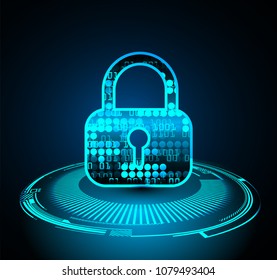 Safety concept, Closed Padlock on digital background, cyber security, Blue abstract hi speed internet technology background illustration. key vector