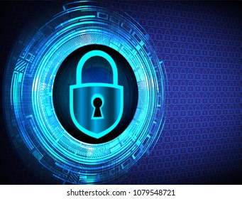 Safety concept, Closed Padlock on digital background, cyber security, Blue abstract hi speed internet technology background illustration. key vector