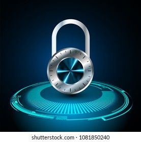 Safety concept, Closed Padlock on digital background, cyber security, Blue abstract hi speed internet technology background illustration. key vector