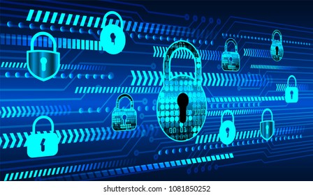 Safety concept, Closed Padlock on digital background, cyber security, Blue abstract hi speed internet technology background illustration. key vector