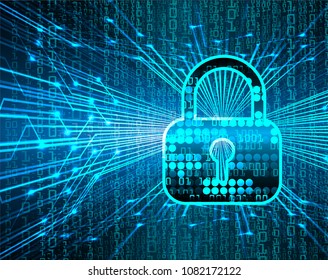 Safety concept, Closed Padlock on digital background, cyber security, Blue abstract hi speed internet technology background illustration. key vector