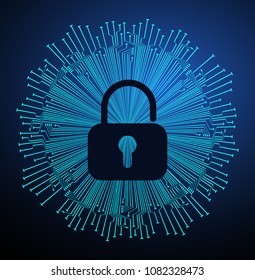 Safety concept, Closed Padlock on digital background, cyber security, Blue abstract hi speed internet technology background illustration. key vector