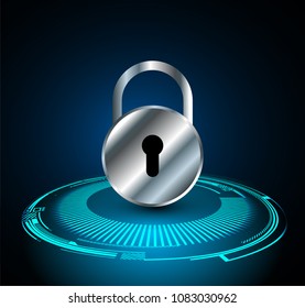 Safety concept, Closed Padlock on digital background, cyber security, Blue abstract hi speed internet technology background illustration. key vector