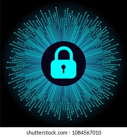 Safety concept, Closed Padlock on digital background, cyber security, Blue abstract hi speed internet technology background illustration. key vector