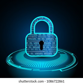 Safety concept, Closed Padlock on digital background, cyber security, Blue abstract hi speed internet technology background illustration. key vector