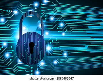 Safety concept, Closed Padlock on digital background, cyber security, Blue abstract hi speed internet technology background illustration. key vector