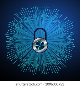 Safety concept, Closed Padlock on digital background, cyber security, Blue abstract hi speed internet technology background illustration. key vector