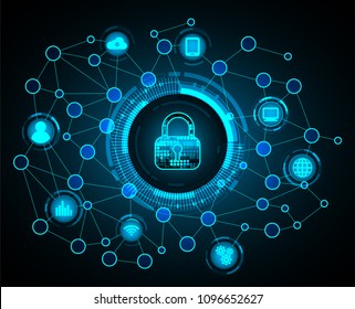 Safety concept, Closed Padlock on digital background, cyber security, Blue abstract hi speed internet technology background illustration. key vector