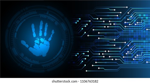 Safety concept, Closed Padlock on digital, cyber security, blue abstract hi speed internet technology background illustration. key, sci fi, fingerprint. scanning. Hand print.