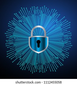 Safety concept, Closed Padlock on digital background, cyber security, Blue abstract hi speed internet technology background illustration. key vector