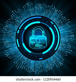 Safety concept, Closed Padlock on digital background, cyber security, Blue abstract hi speed internet technology background illustration. key vector