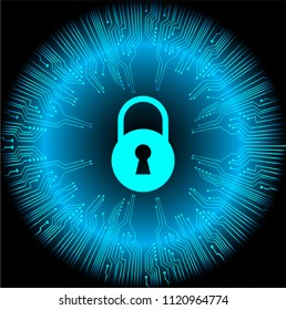 Safety concept, Closed Padlock on digital background, cyber security, Blue abstract hi speed internet technology background illustration. key vector
