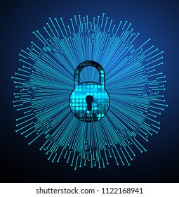 Safety concept, Closed Padlock on digital background, cyber security, Blue abstract hi speed internet technology background illustration. key vector