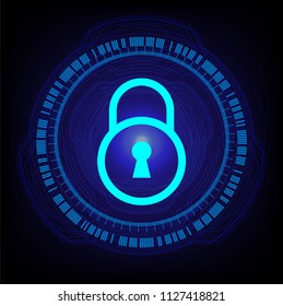 Safety concept, Closed Padlock on digital background, cyber security, Blue abstract hi speed internet technology background illustration. key vector