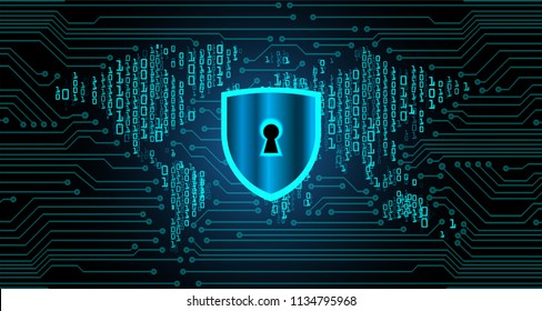 Safety concept, Closed Padlock on digital background, cyber security, Blue abstract hi speed internet technology background illustration. world map key vector