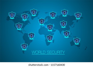 Safety concept, Closed Padlock on digital background, cyber security, Blue abstract hi speed internet technology background illustration. world map, key vector