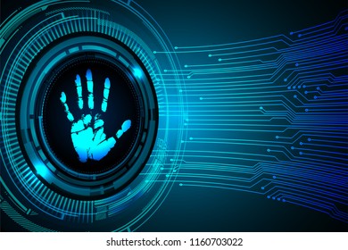 Safety concept, Closed Padlock on digital, cyber security, blue abstract hi speed internet technology background illustration. key, sci fi, fingerprint. scanning. Hand print.