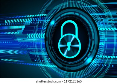 Safety concept, Closed Padlock on digital background, cyber security, Blue abstract hi speed internet technology background illustration. key vector