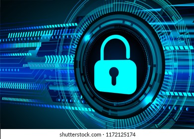 Safety concept, Closed Padlock on digital background, cyber security, Blue abstract hi speed internet technology background illustration. key vector