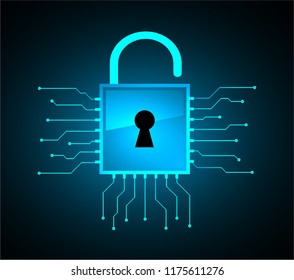 Safety concept, Closed Padlock on digital background, cyber security, Blue abstract hi speed internet technology background illustration. key vector