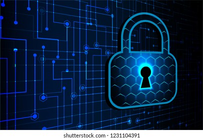 Safety concept, Closed Padlock on digital background, cyber security, Blue abstract hi speed internet technology background illustration. key vector