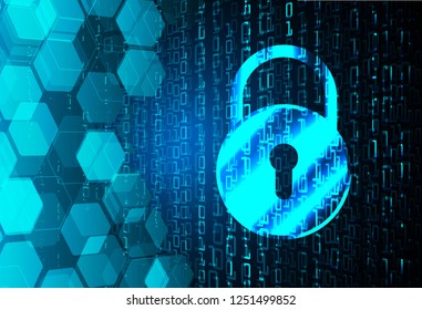 Safety concept, Closed Padlock on digital background, cyber security, Blue abstract hi speed internet technology background illustration. key vector