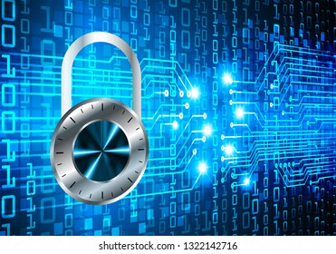 Safety concept, Closed Padlock on digital background, cyber security, Blue abstract hi speed internet technology background illustration. key vector