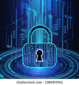 Safety concept, Closed Padlock on digital background, cyber security, Blue abstract hi speed internet technology background illustration. key vector